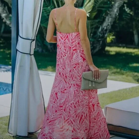 Vici Red White Palm Print Maxi Dress Sleeveless EUC Women's Small S Leg Slit - Picture 2 of 15